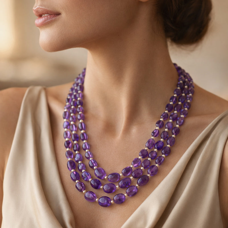 Natural Amethyst Oval Gemstone Beads necklace with pearls