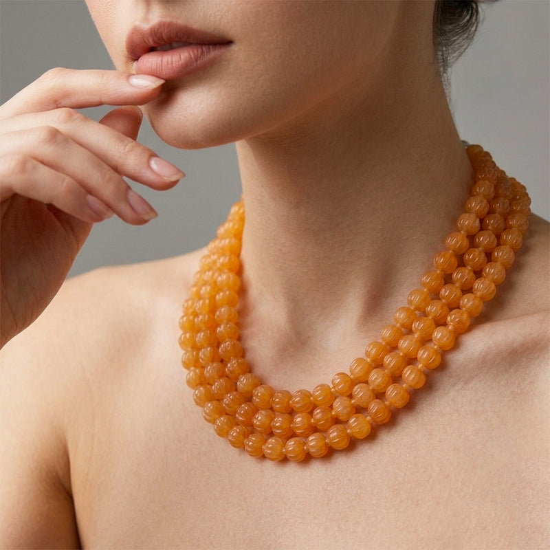 Natural Jade Pumkin Beads Necklace- Yellow