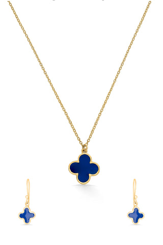 Nipura 925 Sterling Silver Blue Clover Drop - Golden Necklace and Earrings Set