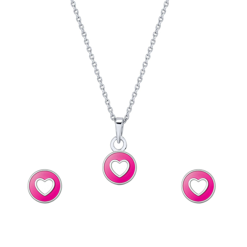 Heart Silver Enamel Pendant & Stud Earrings Set – Pink Enamel Love Collection