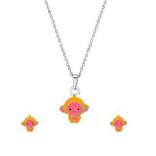 Nipura Cheerful Monkey Enamel 925 Sterling Silver Pendant & Stud Set for Kids