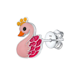 Pink Swan Enamel Silver Pendant & Earrings Set- Kids and Teenagers