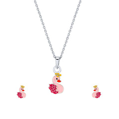 Pink Swan Enamel Silver Pendant & Earrings Set- Kids and Teenagers