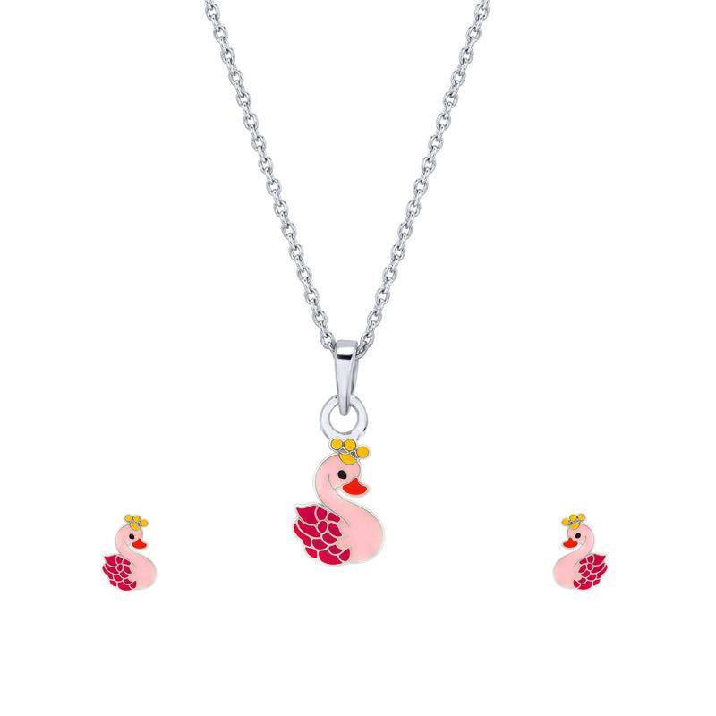 Pink Swan Enamel Silver Pendant & Earrings Set- Kids and Teenagers