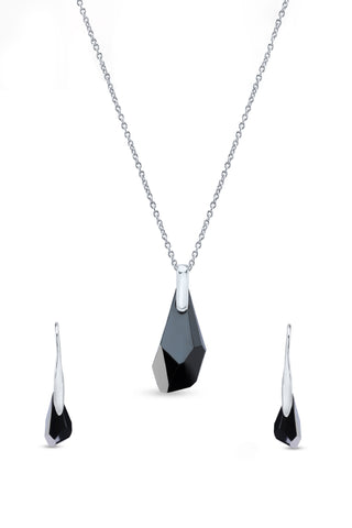 Nipura Certified 925 Sterling Silver Elegant Black Teardrop Austrian Crystal Pendant Earrings Set