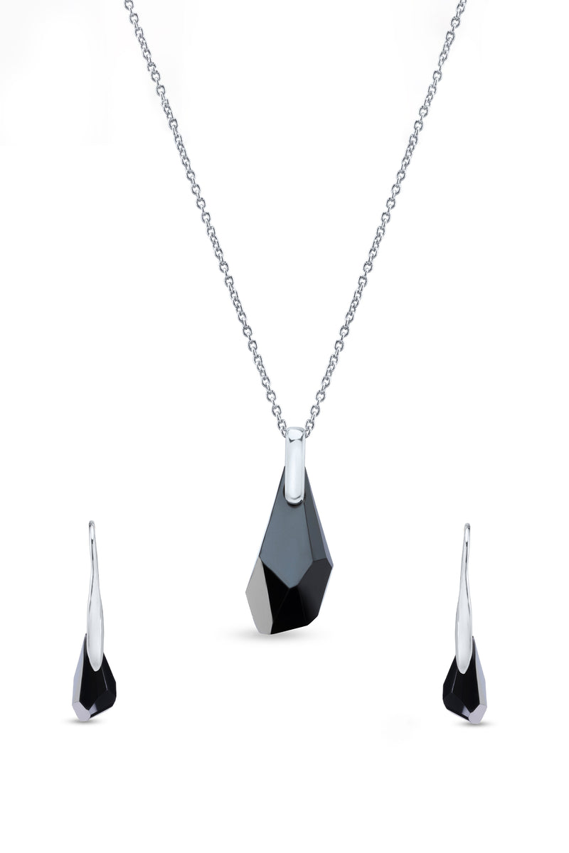 Nipura Certified 925 Sterling Silver Elegant Black Teardrop Austrian Crystal Pendant Earrings Set