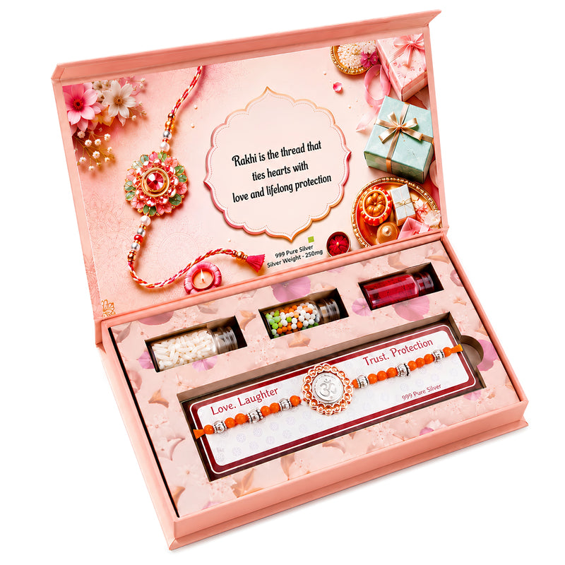 250 MG Pure Silver Om Rakhi Box Orange