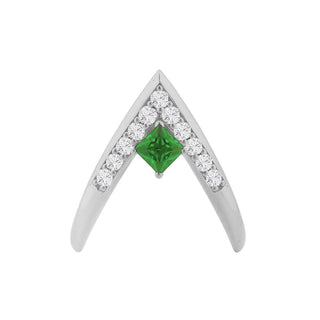 Rhodium Plated V-Shaped Ring with Green Center Stone & White CZ Accents