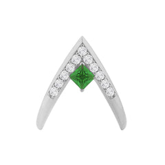 Rhodium Plated V-Shaped Ring with Green Center Stone & White CZ Accents