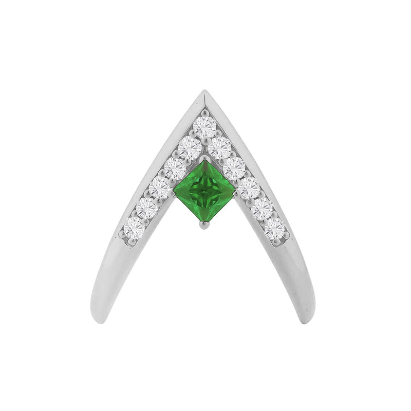 Rhodium Plated V-Shaped Ring with Green Center Stone & White CZ Accents