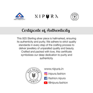 a certificate of authenticity from Nipura for 925 sterling silver products, featuring the brand logo, 925 silver surity seal, text about quality standards, and social media links.